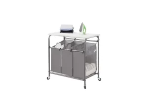 STORAGE MANIAC 3-Section Laundry Sorter with Foldable Ironing Board, Heavy-Duty Rolling Laundry Cart with and Removable Bags, Triple Laundry Hamper with Wheels, Dark Grey