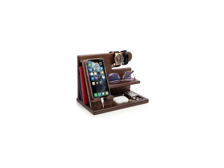 TESLYAR Wood Phone Docking Station Ash Key Holder Wallet Stand Watch Organizer Men Gift Husband Wife Anniversary Dad Birthday Nightstand Purse Father Graduation Male Travel Idea Gadgets